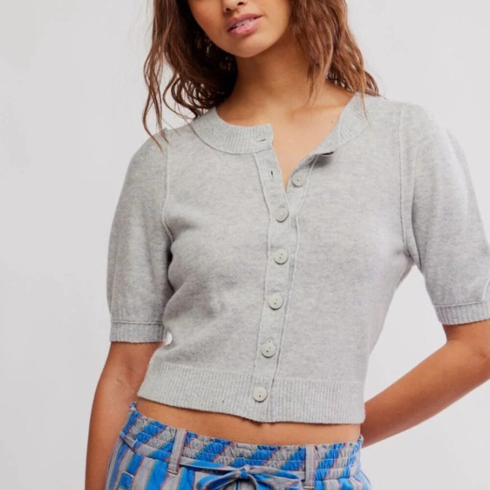 Free People Isla Short Sleeve Cardigan Mineral Gray Wool Cashmere Cropped XL